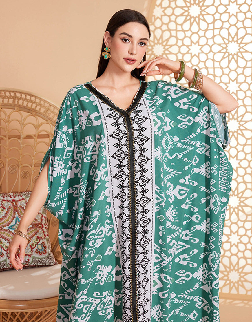 caftan marocaine Abaya d'été florale verte