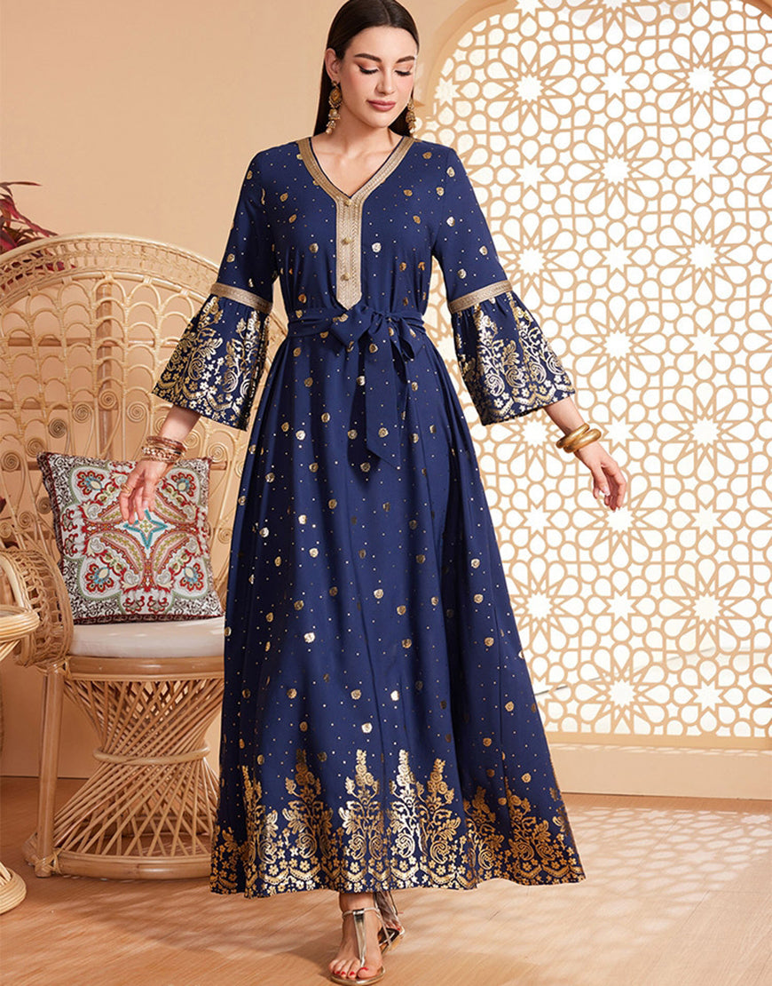 caftan Abaya à manches longues et perles bleu foncé avec ceinture