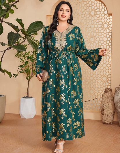 marocain Abaya grande taille vert foncé avec ceinture