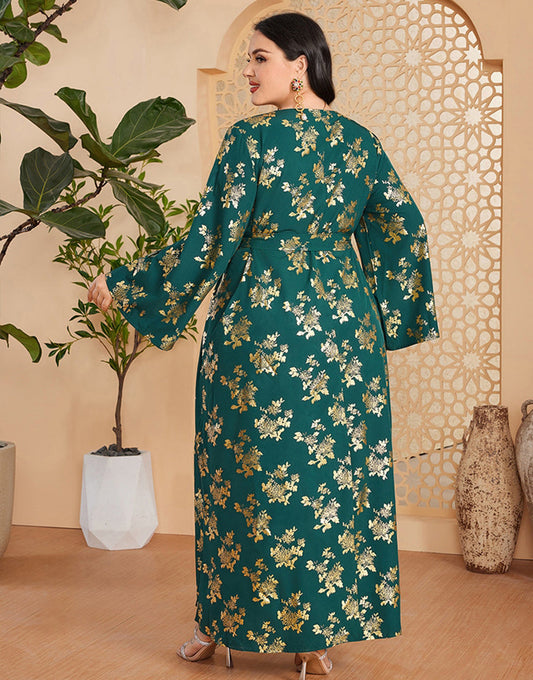 marocain Abaya grande taille vert foncé avec ceinture