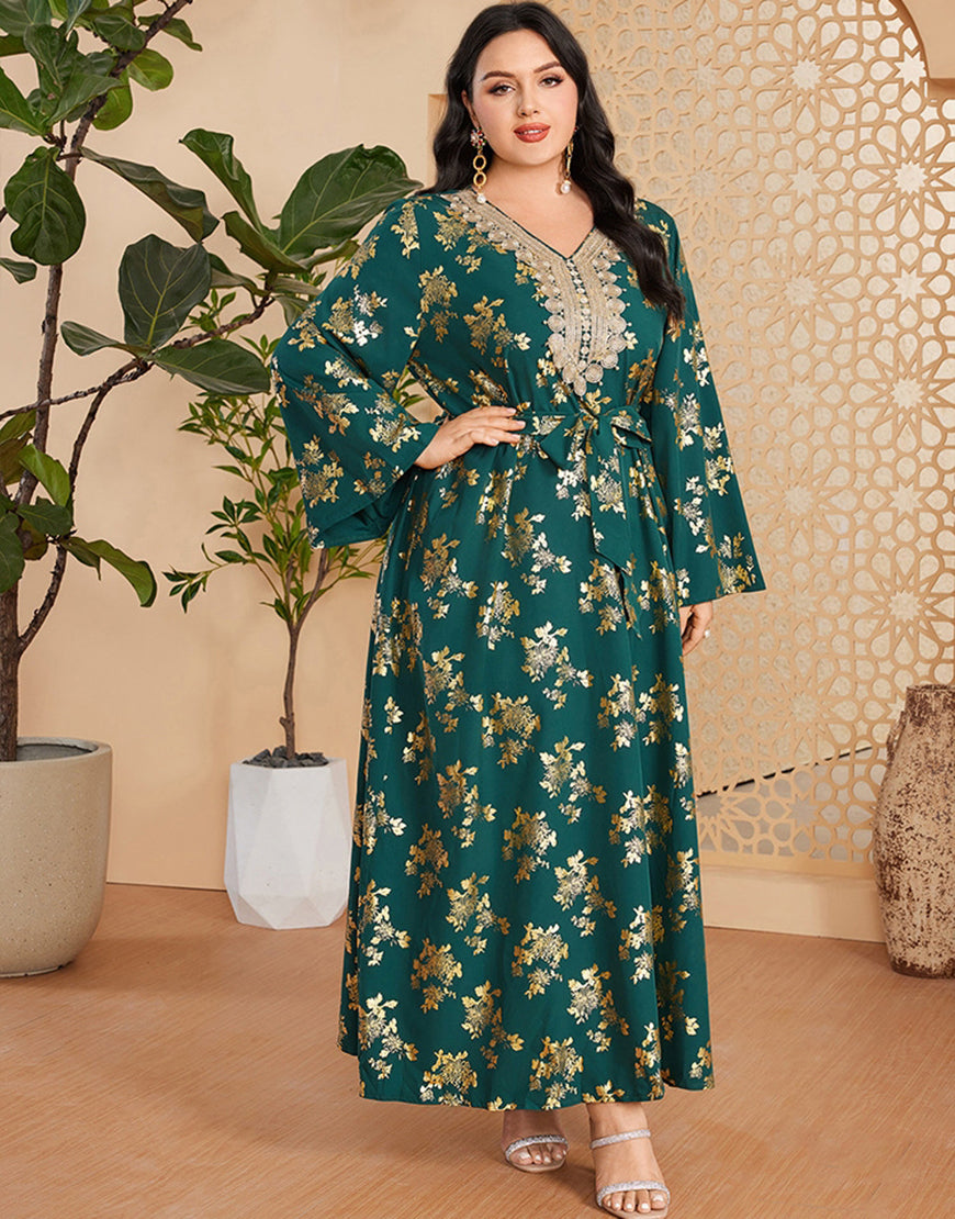 marocain Abaya grande taille vert foncé avec ceinture