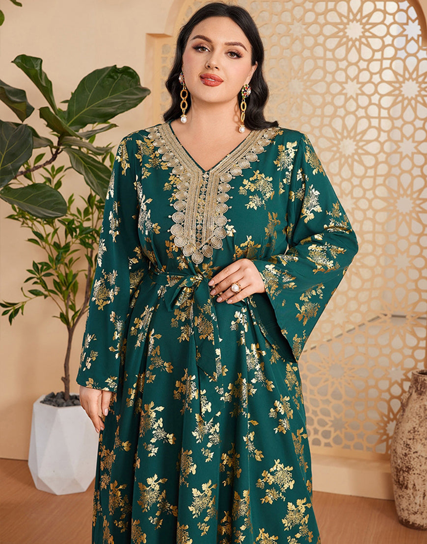 marocain Abaya grande taille vert foncé avec ceinture