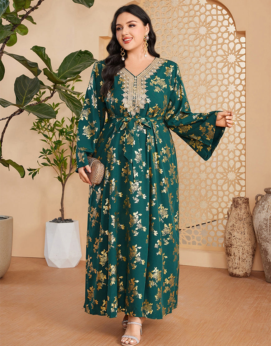 marocain Abaya grande taille vert foncé avec ceinture