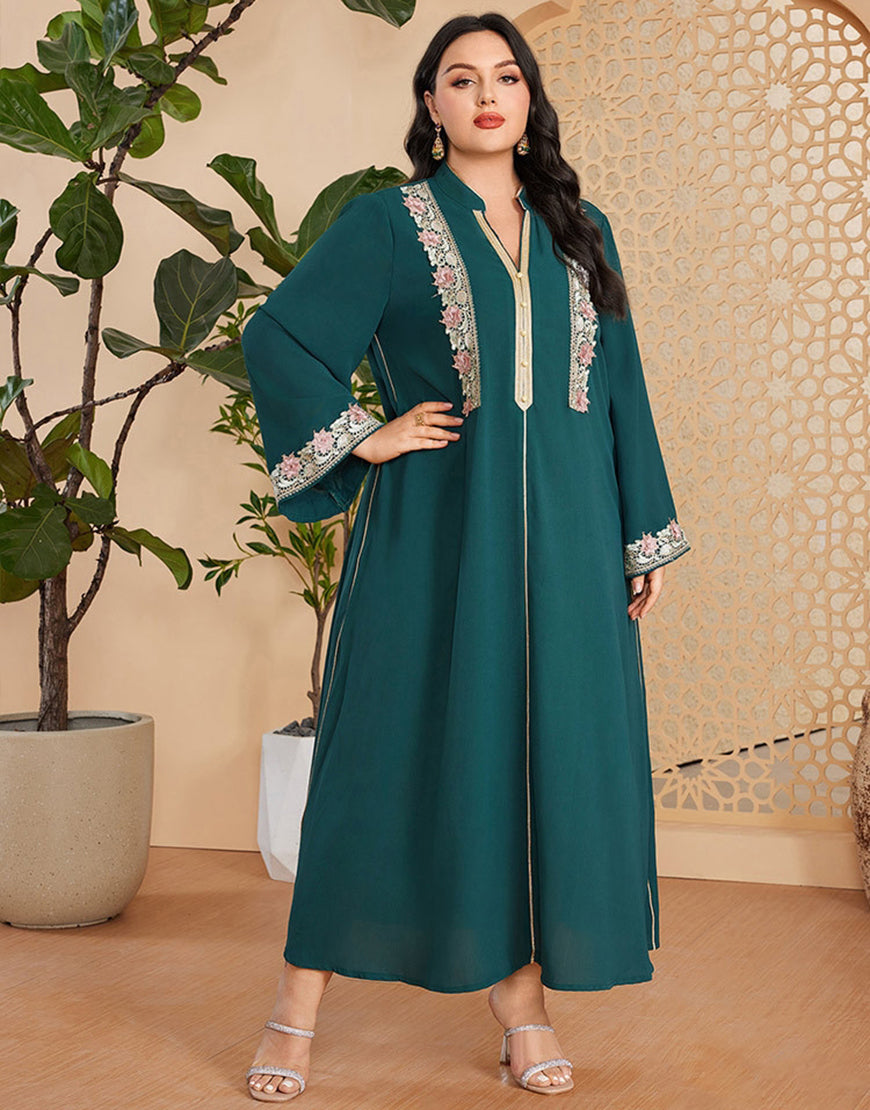 marocain Abaya élégant grande taille vert foncé