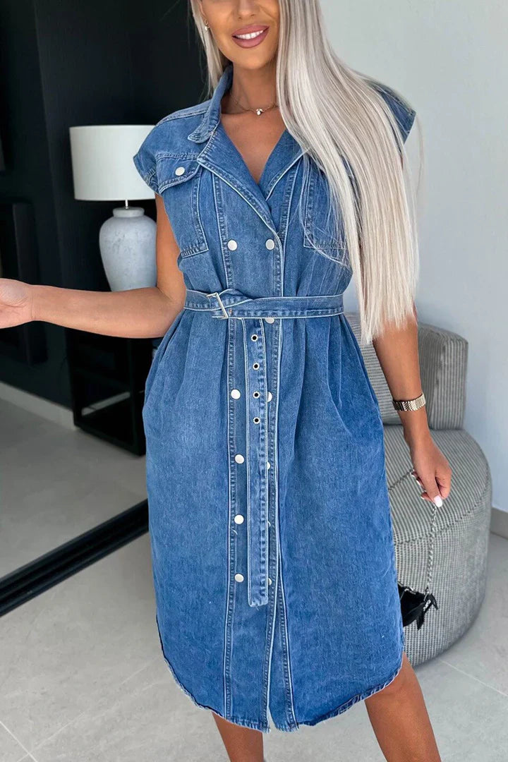 Robe en denim à bretelles à double boutonnage et à manches courtes