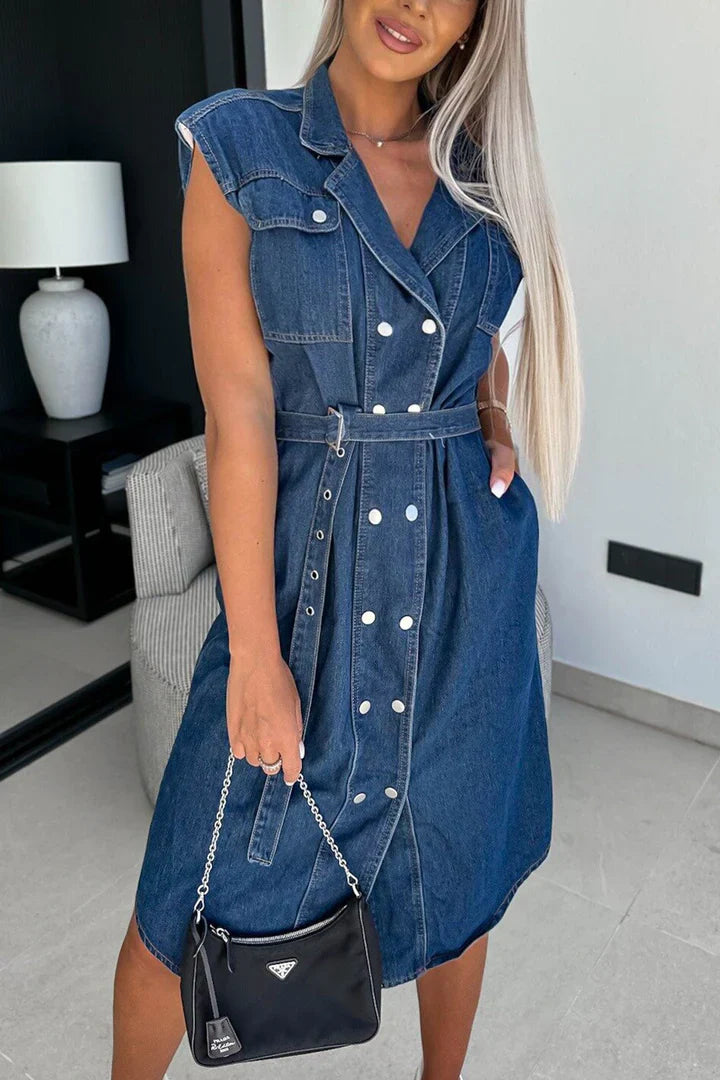 Robe en denim à bretelles à double boutonnage et à manches courtes