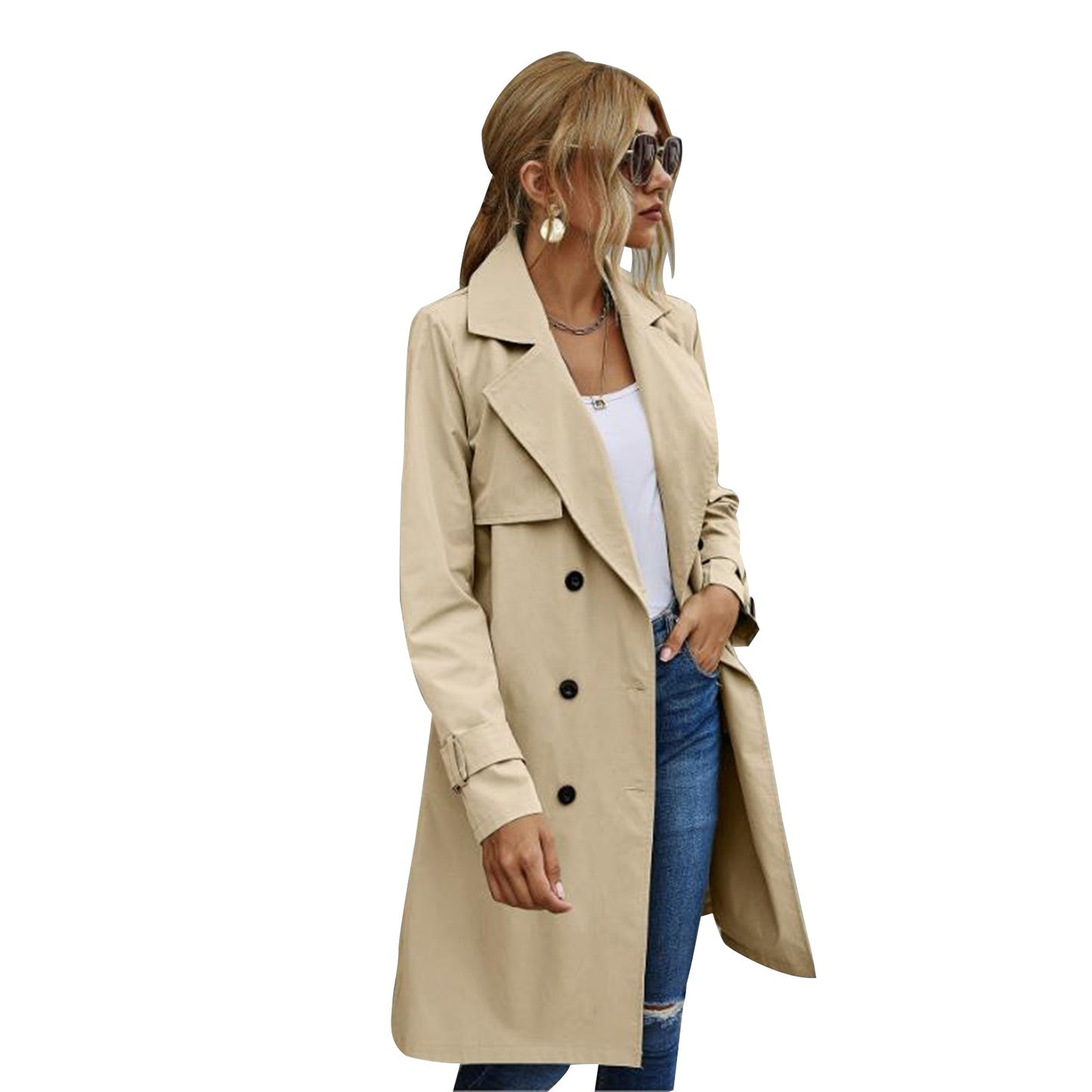 Cripes Veste trench mi-longue pour femme de couleur unie avec fermeture à double bouton