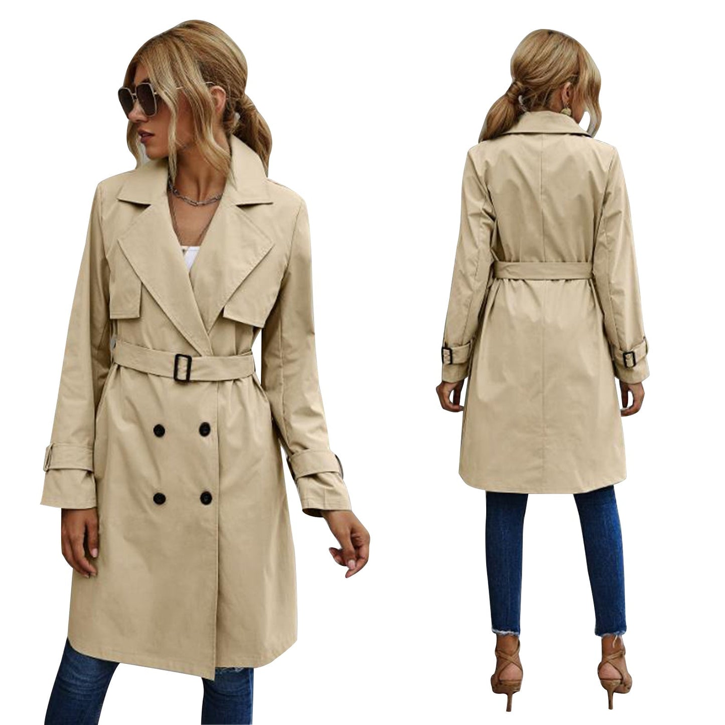 Cripes Veste trench mi-longue pour femme de couleur unie avec fermeture à double bouton