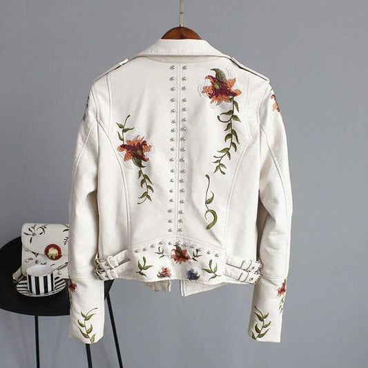 Veste En Cuir Avec Broderie De Fleurs