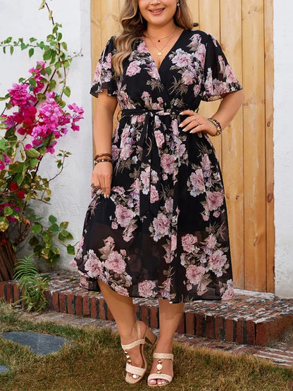 Cripes - robe fleurie grande taille avec manches papillon et ceinture