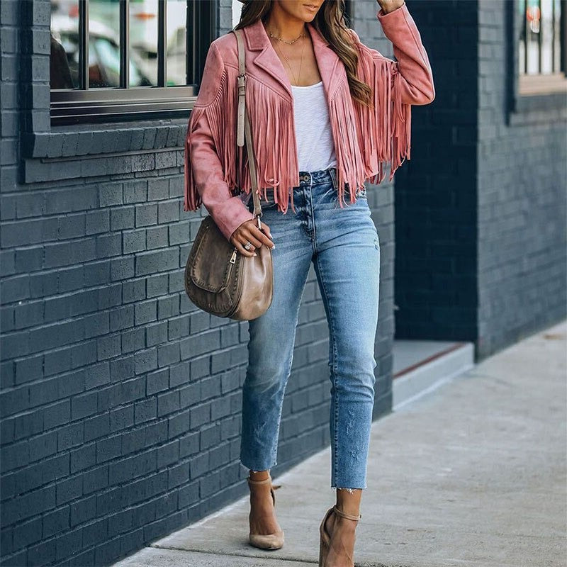 Veste de moto en cuir suédé Cripes avec franges de cowboy