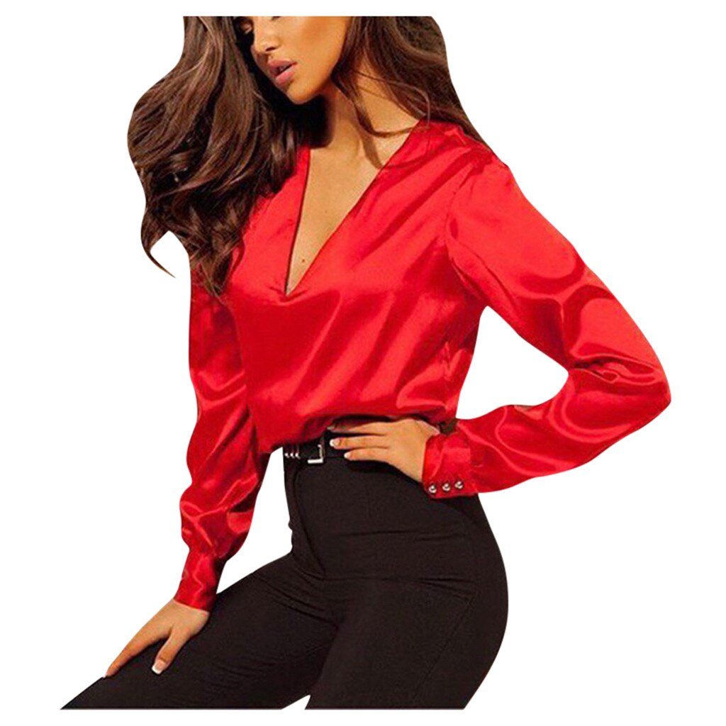 Chemisier en satin manches longues élégant femme blouse rouge