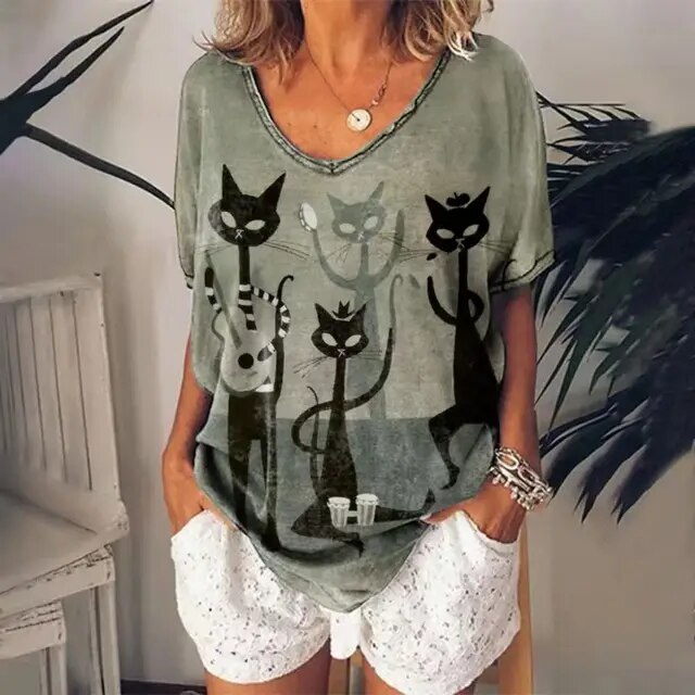 Chemise Cripes à col V et motif chat | Dorothée