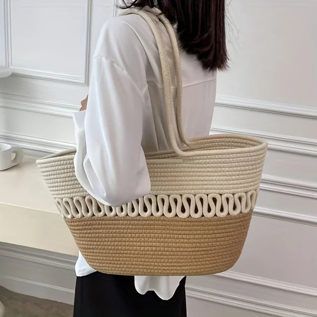 Damen Schultertasche mit großer Kapazität aus handgefertigtem Strickmaterial und Stroh