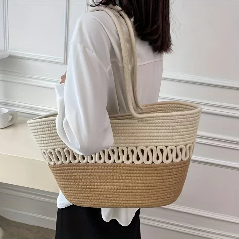 Damen Schultertasche mit großer Kapazität aus handgefertigtem Strickmaterial und Stroh