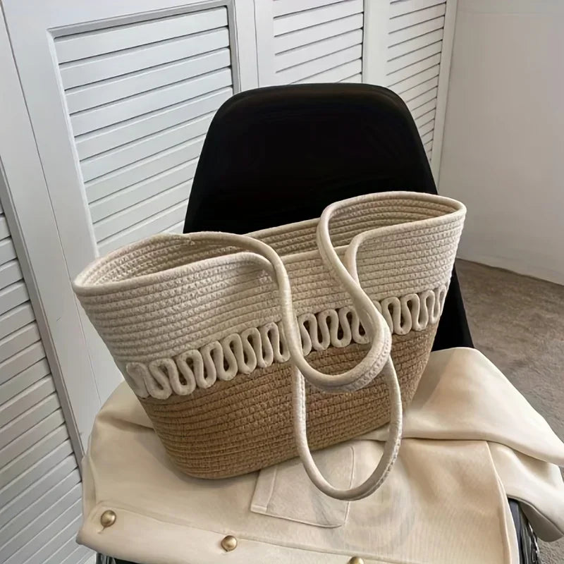 Damen Schultertasche mit großer Kapazität aus handgefertigtem Strickmaterial und Stroh