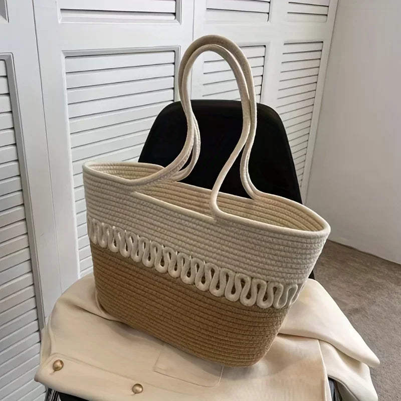 Damen Schultertasche mit großer Kapazität aus handgefertigtem Strickmaterial und Stroh