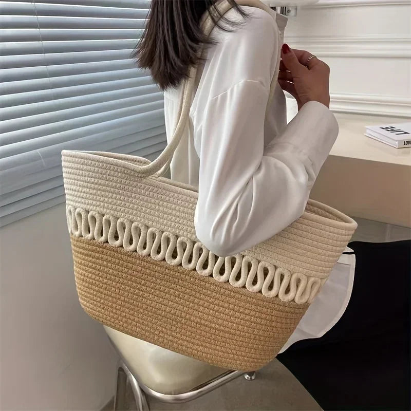 Damen Schultertasche mit großer Kapazität aus handgefertigtem Strickmaterial und Stroh