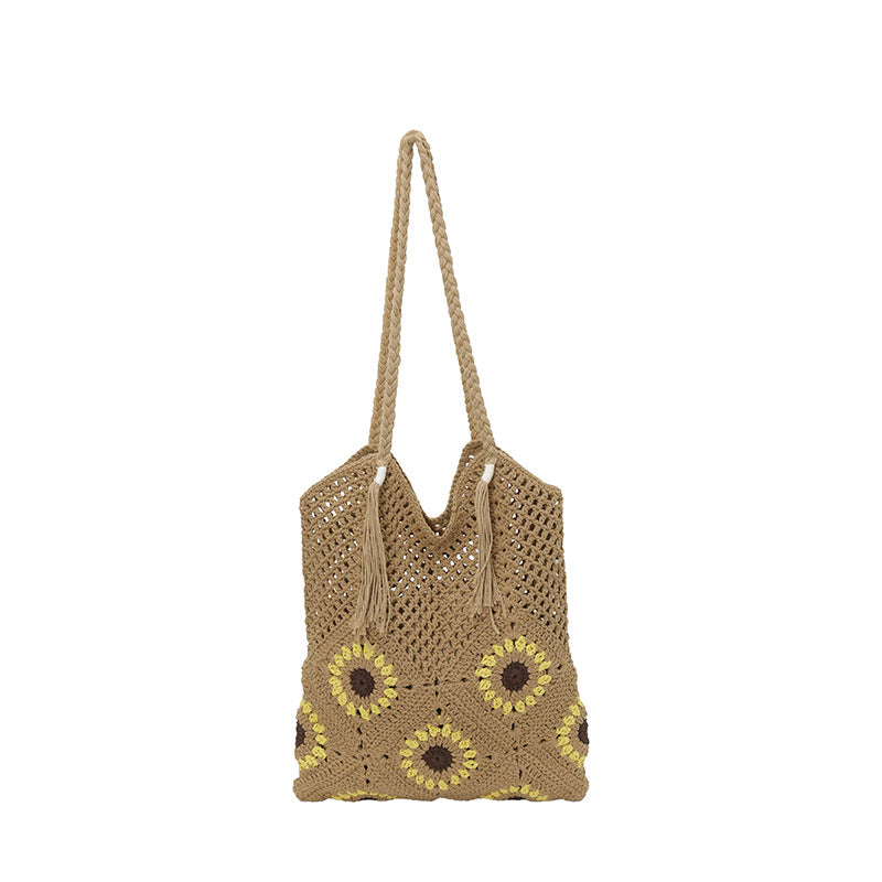 Damen gehäkelte Schultertasche mit verspielten Sonnenblumenapplikationen