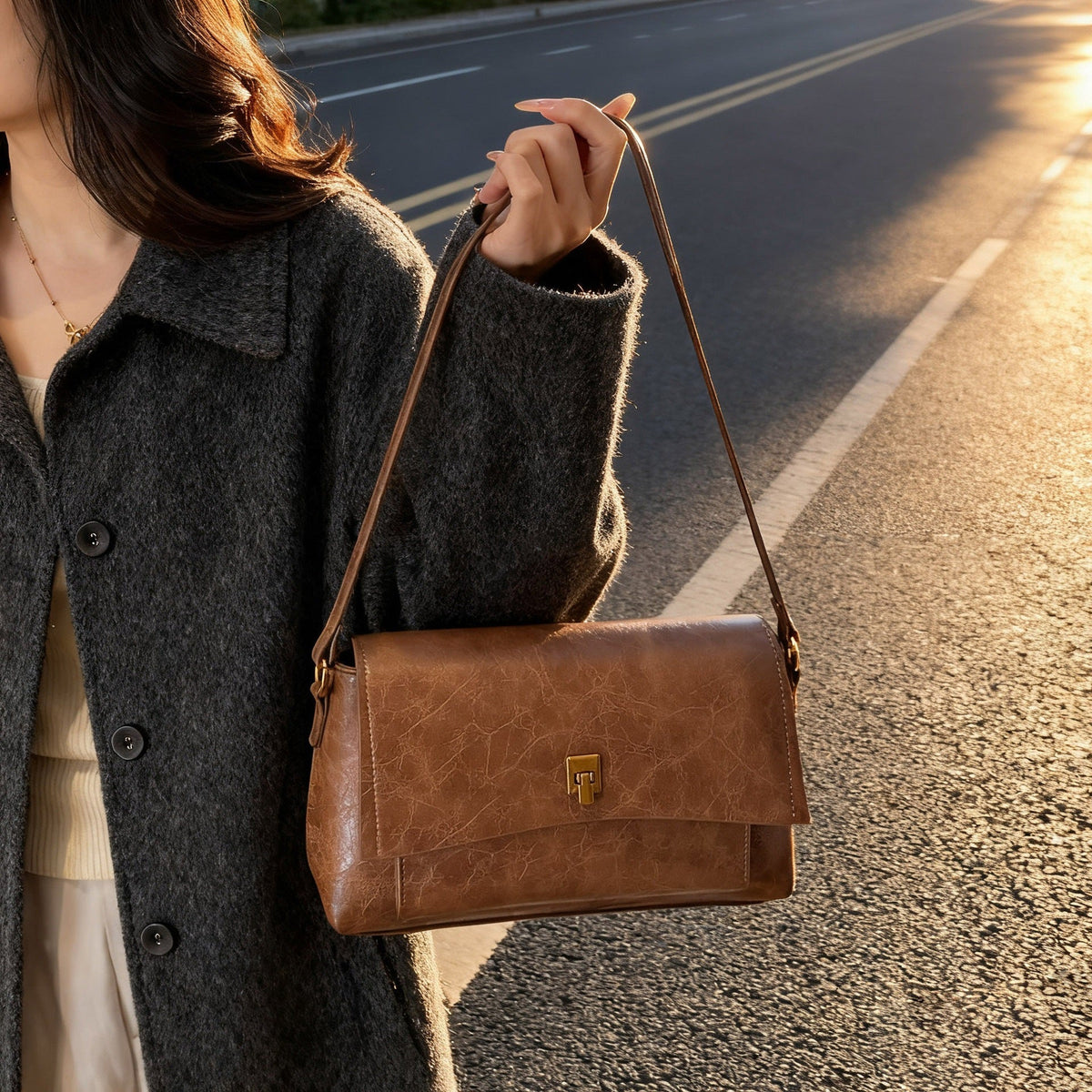 Damen elegante Schultertasche aus strukturiertem Leder