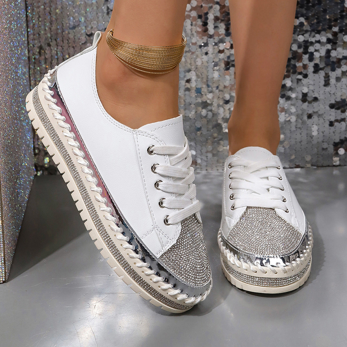 Damen Glamouröse Sneakers mit funkelnden Strasssteinen und trendiger Profilsohle