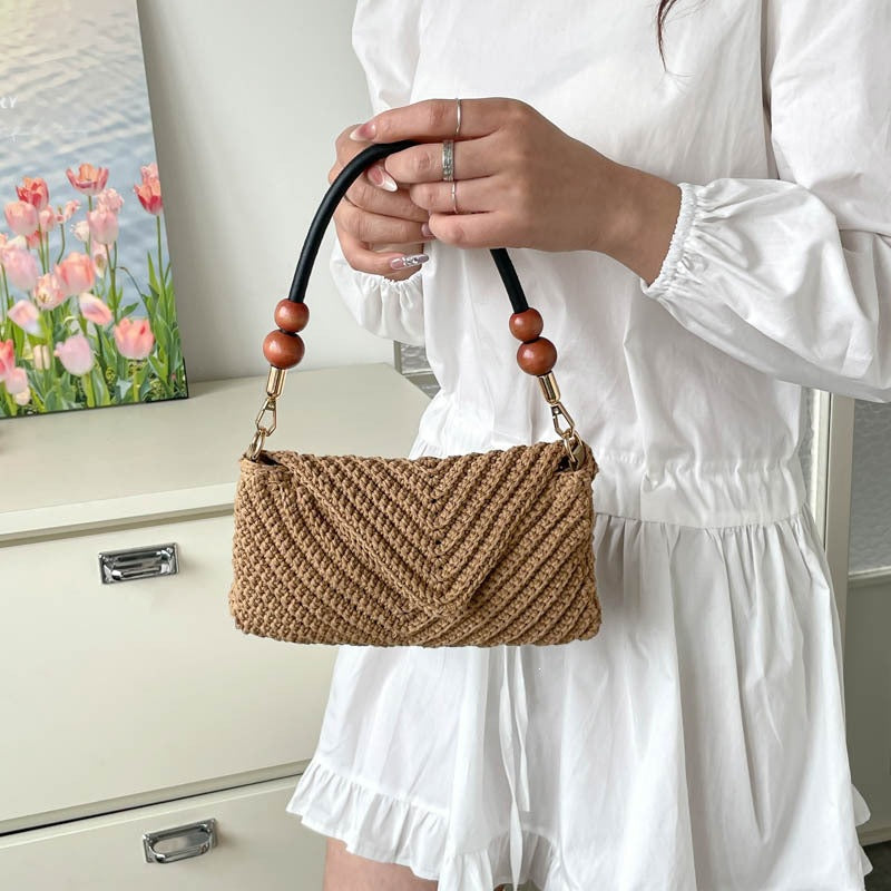 Damen modische geflochtene Schultertasche mit Holzgriff