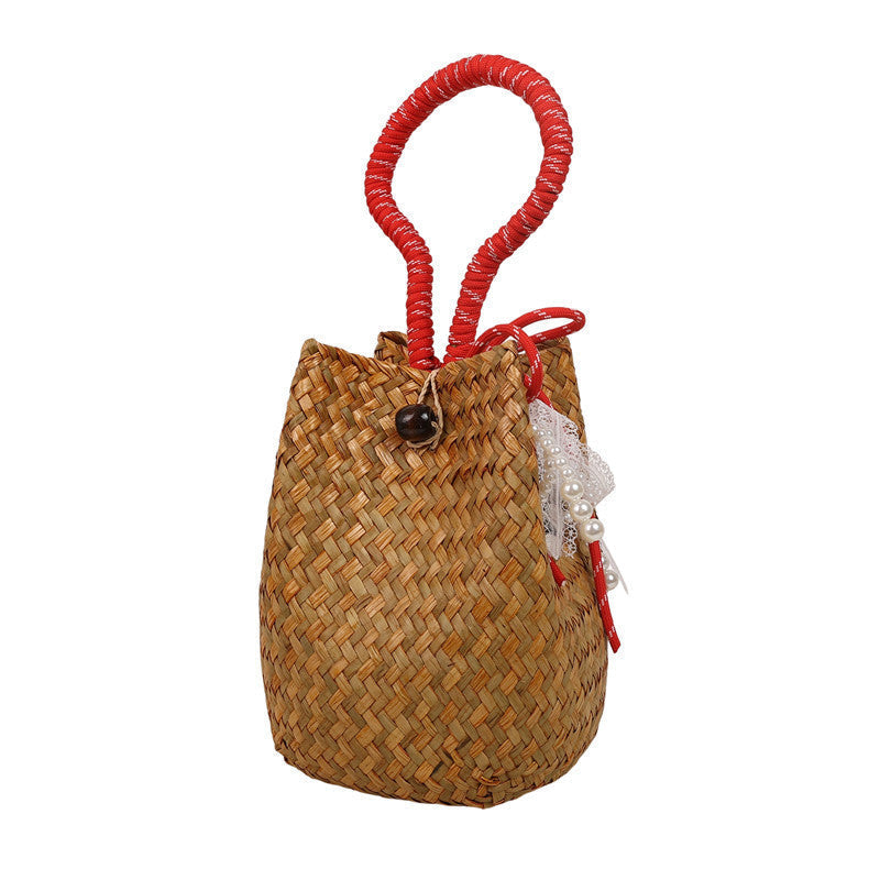 Handgewebte Schultertasche für Damen mit dekorativem Kordelzug