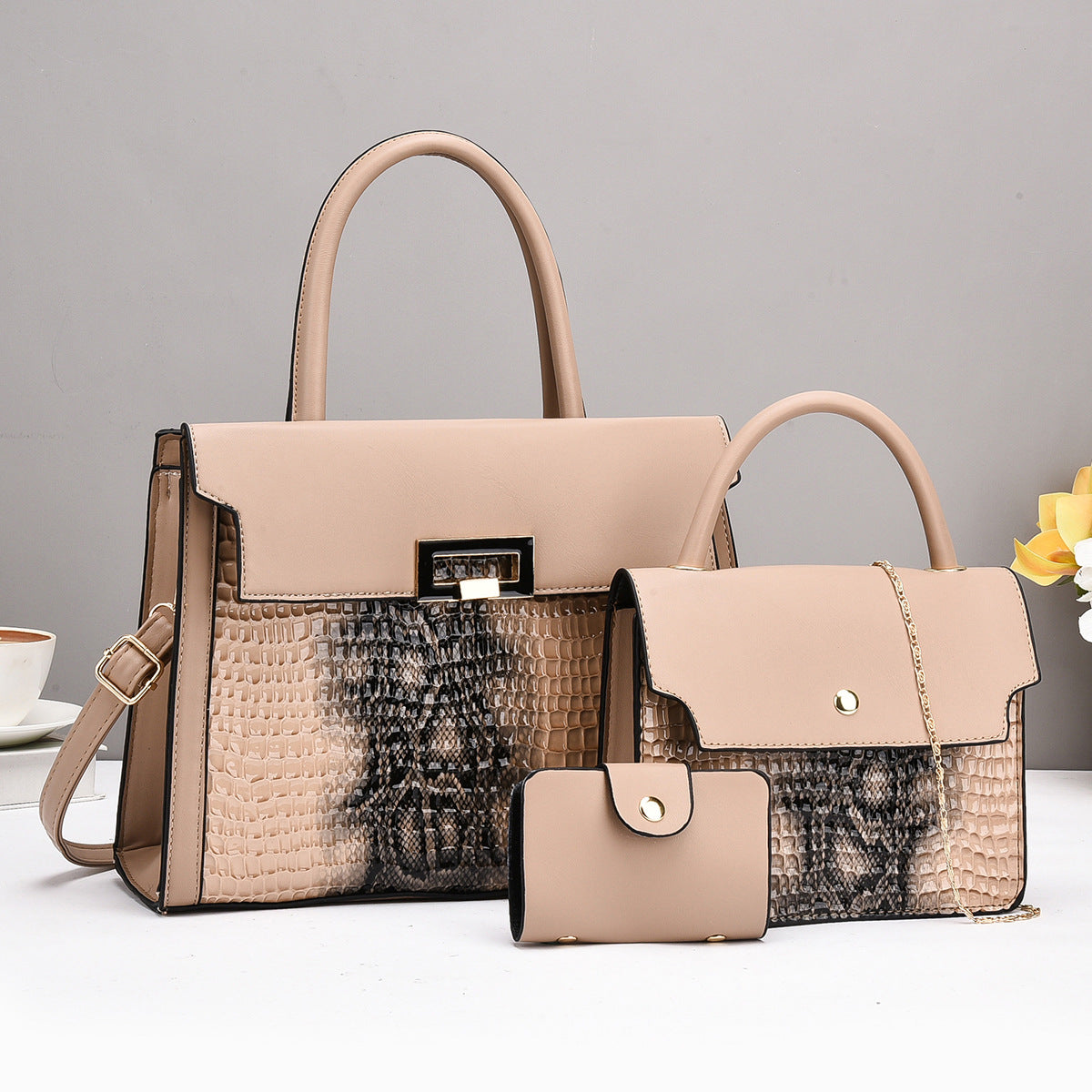 Damentaschen-Set mit luxuriösem Krokodilleder-Look und abnehmbarer Clutch