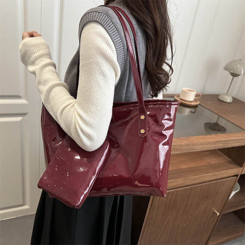 Damen elegante Patelleder-Tote mit abnehmbarem Innenfach