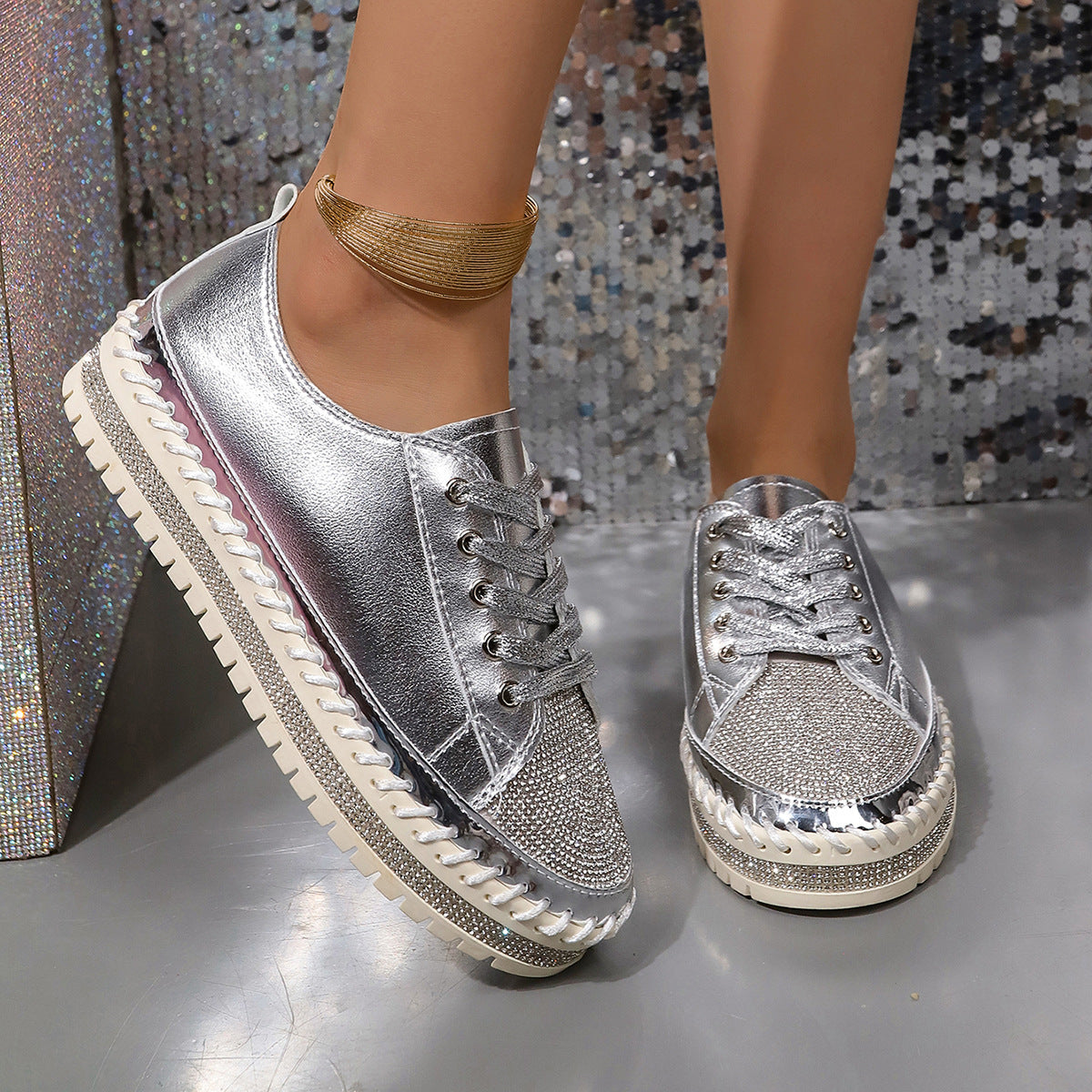 Damen Glamouröse Sneakers mit funkelnden Strasssteinen und trendiger Profilsohle