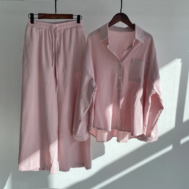 Ensemble chemise en coton et lin et pantalon à taille haute