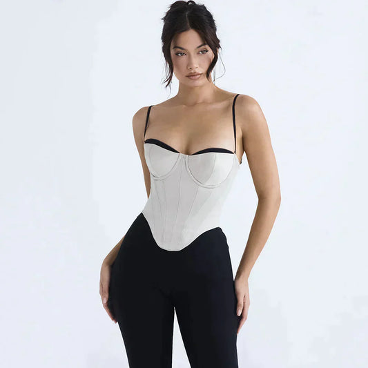 Haut bustier moderne avec passepoil contrasté et bretelles spaghetti