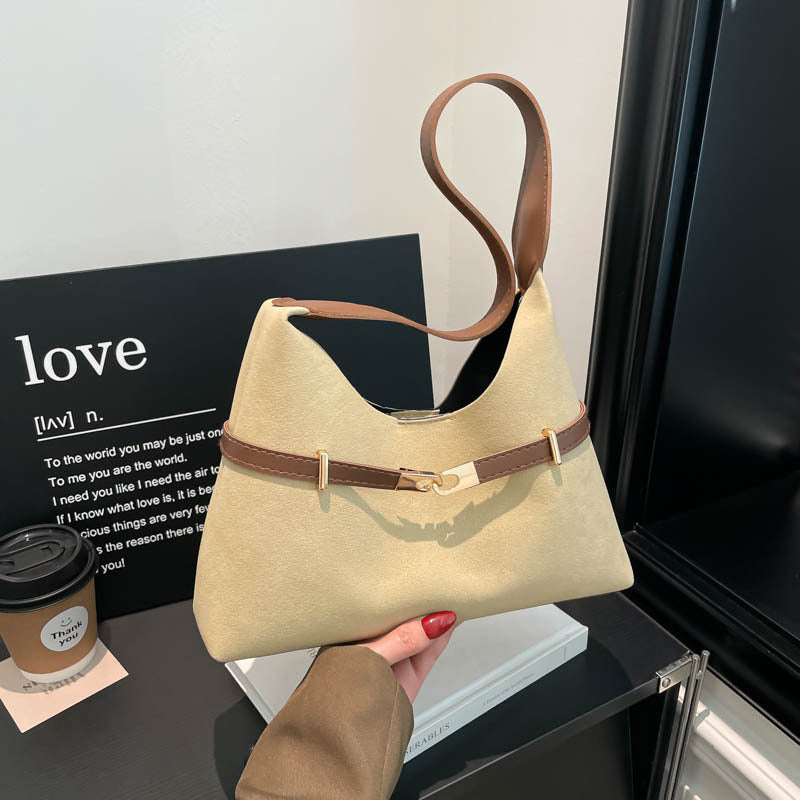 Damen modische Wildleder-Schultertasche mit kontrastierendem Gurt