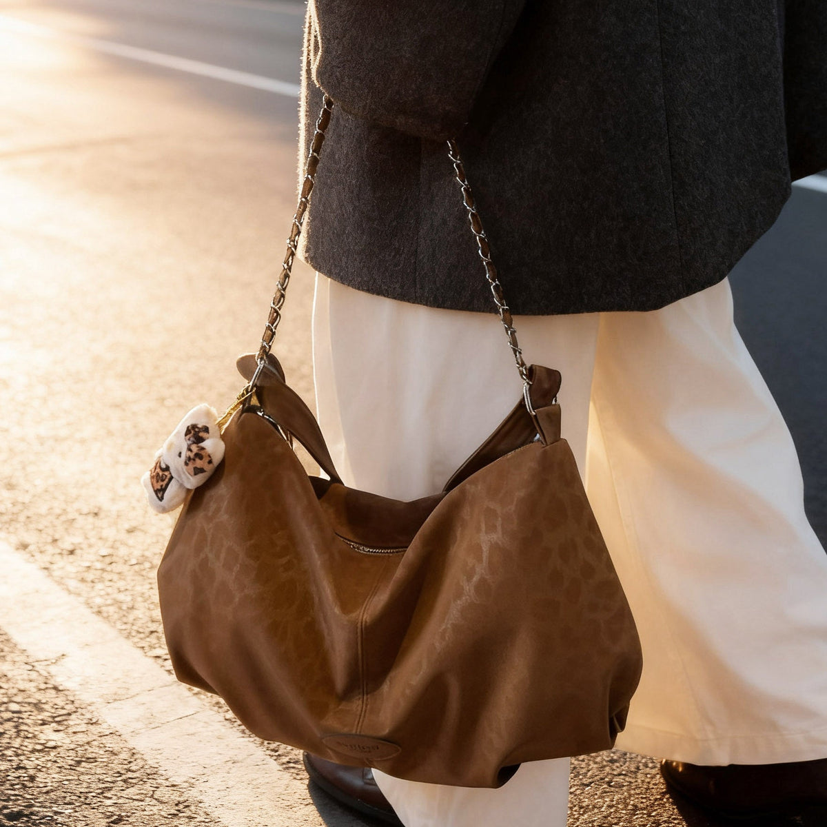 Damen elegante Hobo-Tasche aus strukturiertem Kunstleder mit abnehmbarem Anhänger