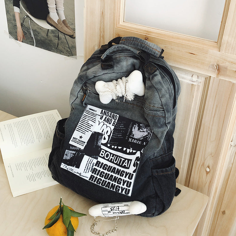 Kreativer Grafikdruck Denim-Schulrucksack