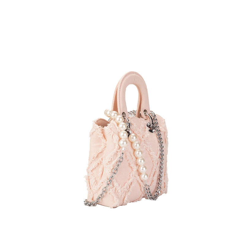 Damen Mini-Handtasche mit auffälligem gerafftem Design und Perlenakzenten