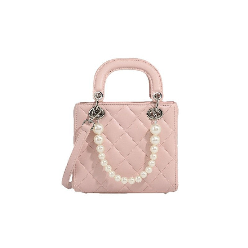 Damen Mini-Handtasche mit perlverzierter Kette und gestepptem Design