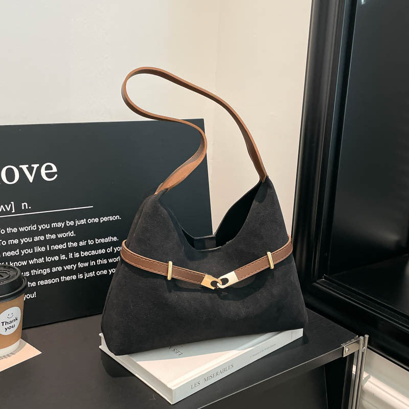 Damen modische Wildleder-Schultertasche mit kontrastierendem Gurt