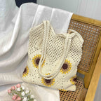 Damen gehäkelte Schultertasche mit verspielten Sonnenblumenapplikationen