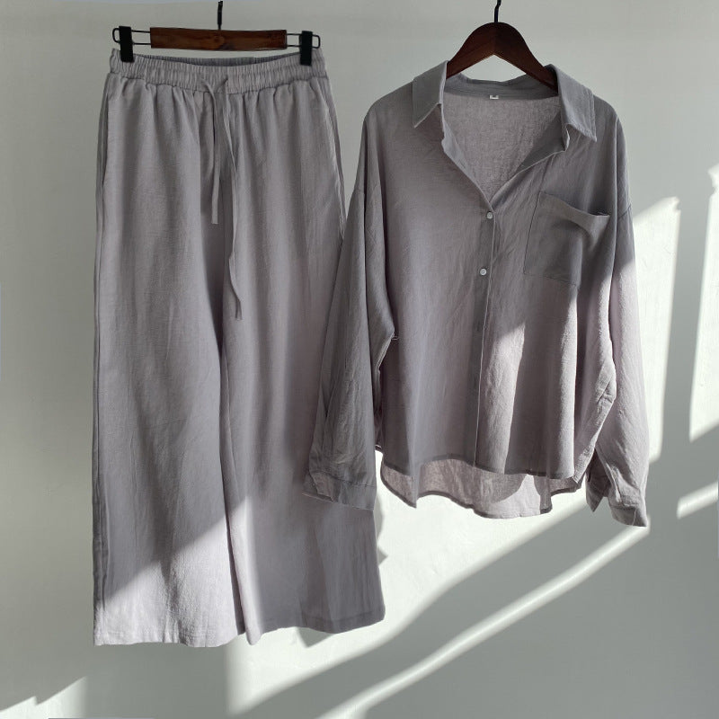 Ensemble chemise en coton et lin et pantalon à taille haute