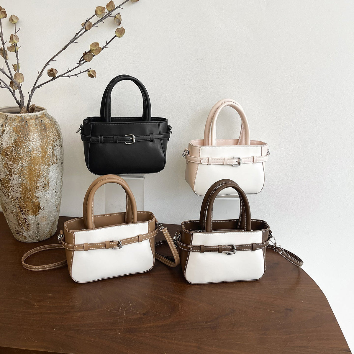 Damen elegante Mini-Handtasche mit doppeltem Tragegriff und abnehmbarem Schulterchain