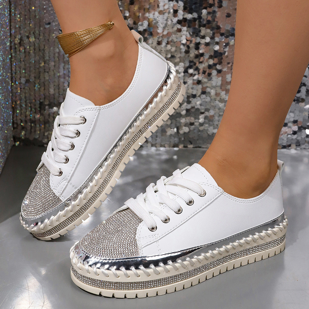 Damen Glamouröse Sneakers mit funkelnden Strasssteinen und trendiger Profilsohle