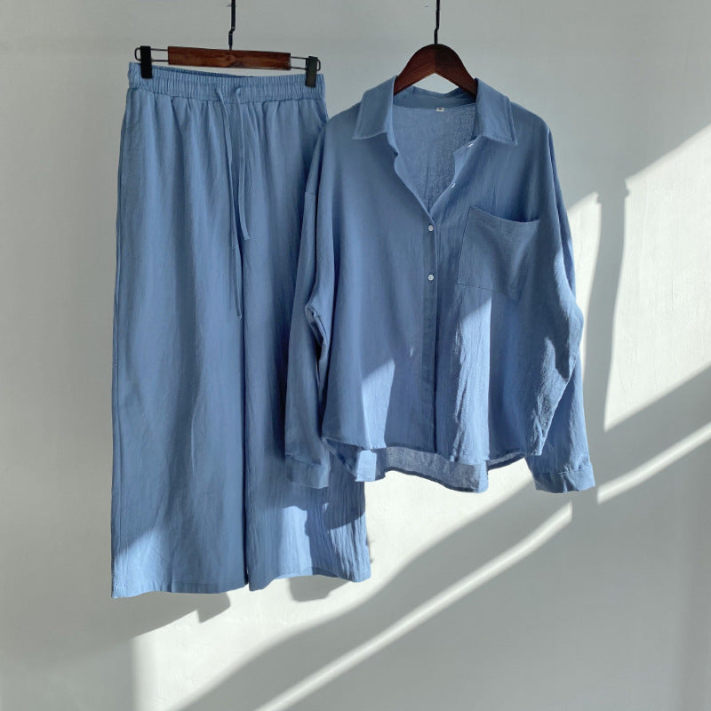 Ensemble chemise en coton et lin et pantalon à taille haute