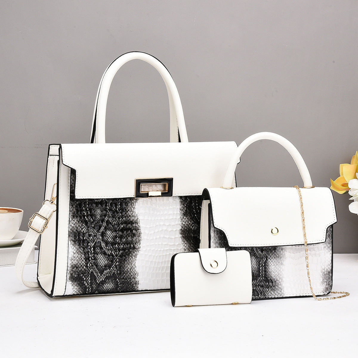Damentaschen-Set mit luxuriösem Krokodilleder-Look und abnehmbarer Clutch