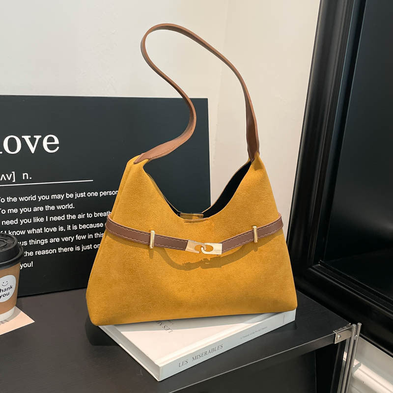 Damen modische Wildleder-Schultertasche mit kontrastierendem Gurt
