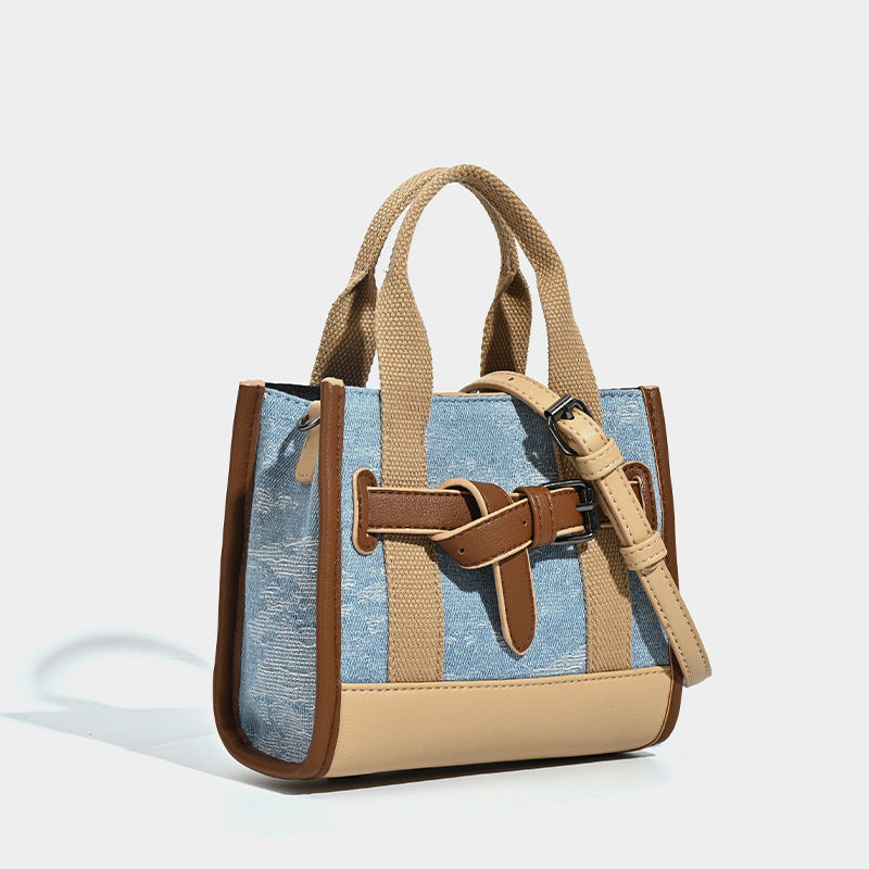 Damen Mini-Handtasche mit trendigen Denim-Elementen und praktischem Kordelzug