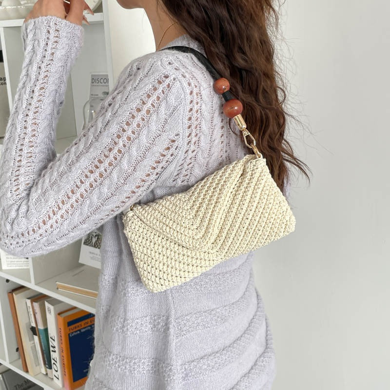 Damen modische geflochtene Schultertasche mit Holzgriff