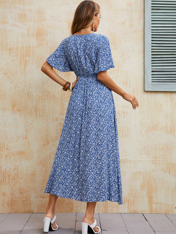 Robe bleue imprimée à manches courtes et col en V pour femmes, vacances d'été