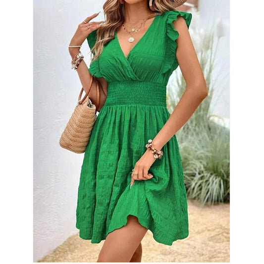 ModeParisienne® Robe d'été élégante verte imprimée élastique