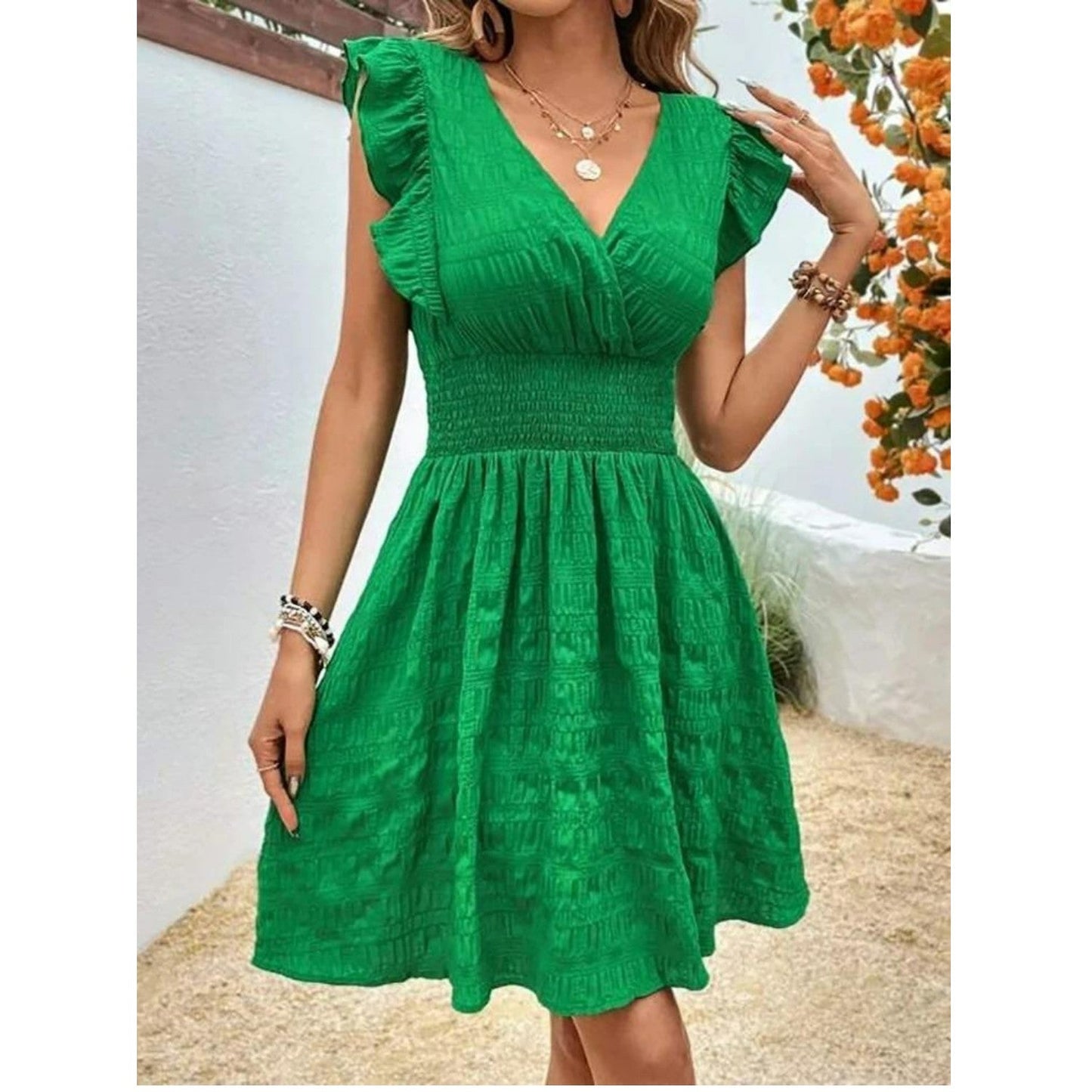 ModeParisienne® Robe d'été élégante verte imprimée élastique